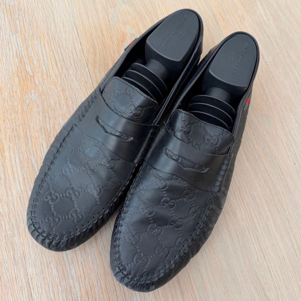 Gucci Guccissima Leather Loafers Black Men’s Size 12 Slip On Driving Shoes Italy